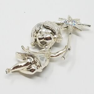 Vtg Mylu pin brooch girl Poinsettia flower green eyes silver tone fairycore